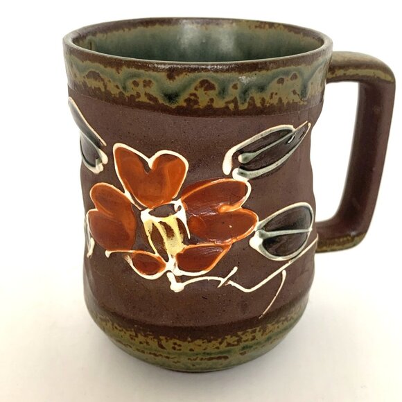 Vintage Japanese Pottery Stoneware Coffee Mug Brown Red Flower 4" Hand Made - Picture 1 of 8